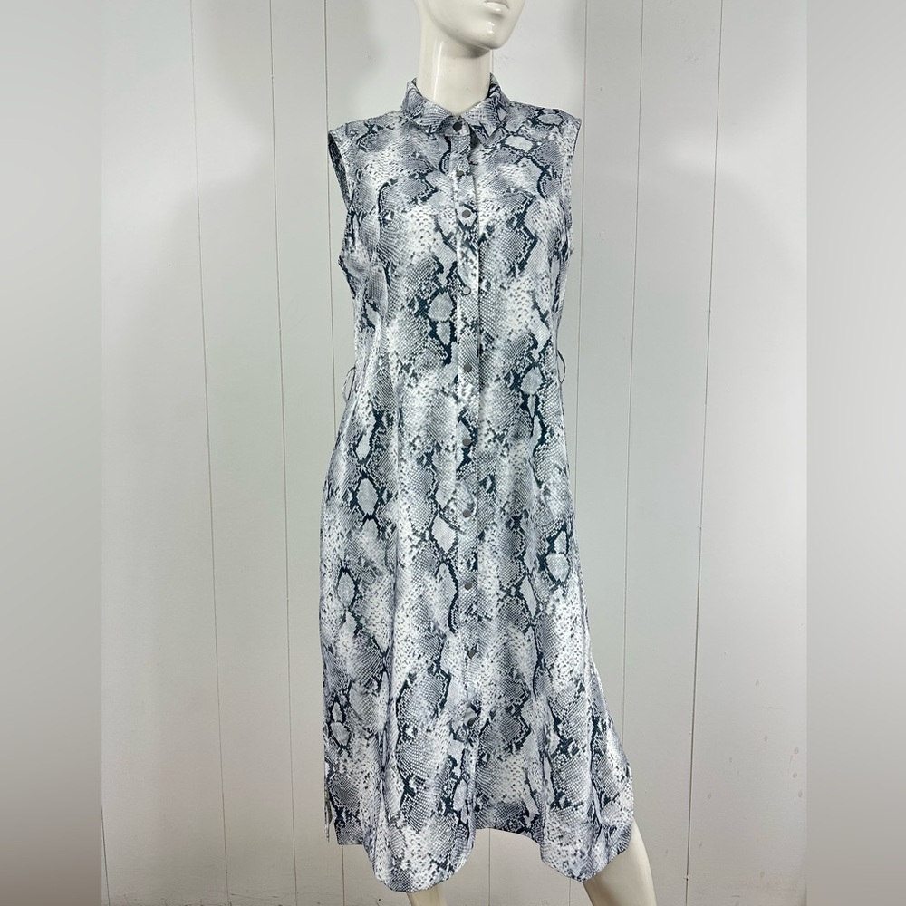 Tahari Sz M Snake Print Sleeveless Collared Midi Dress Snap Button Missing Belt